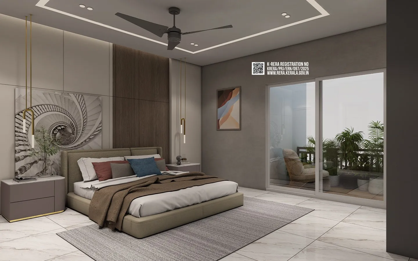 Artist's impression of a Flora bedroom with an upholstered bed and glass doors to a planted balcony