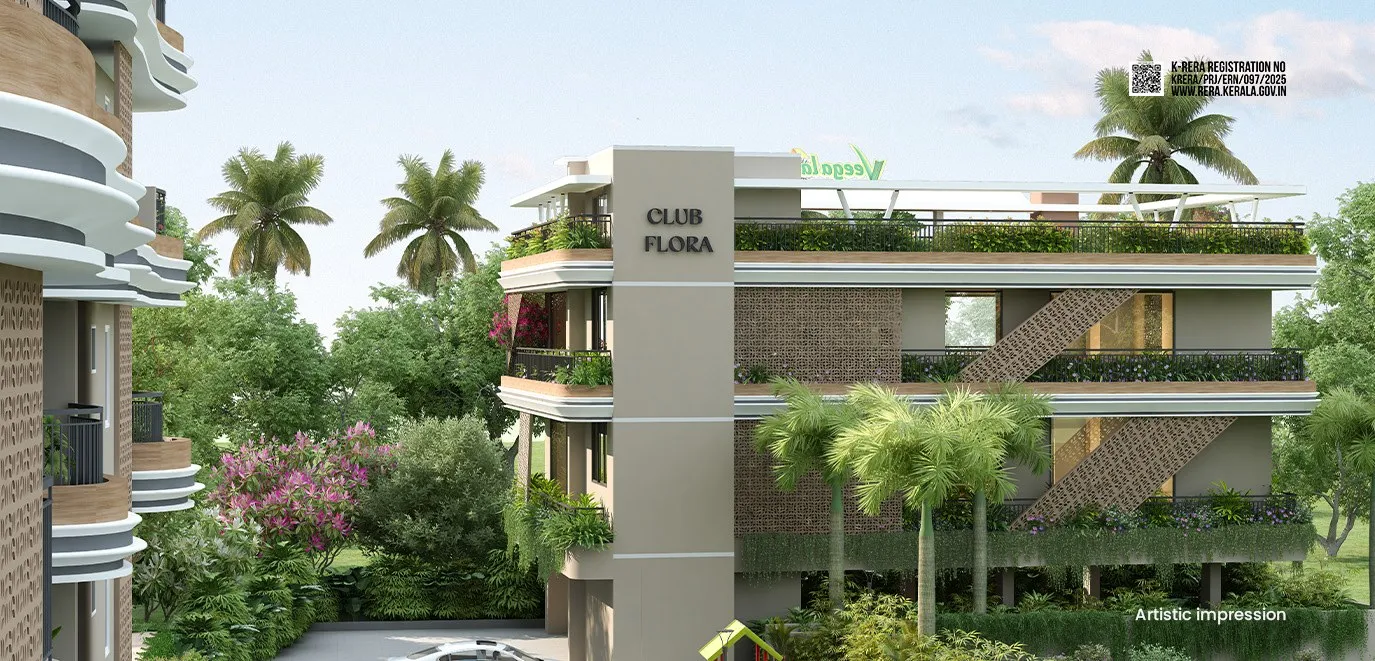 Artist's impression of Flora's planted balconies and the Club Flora block among palms
