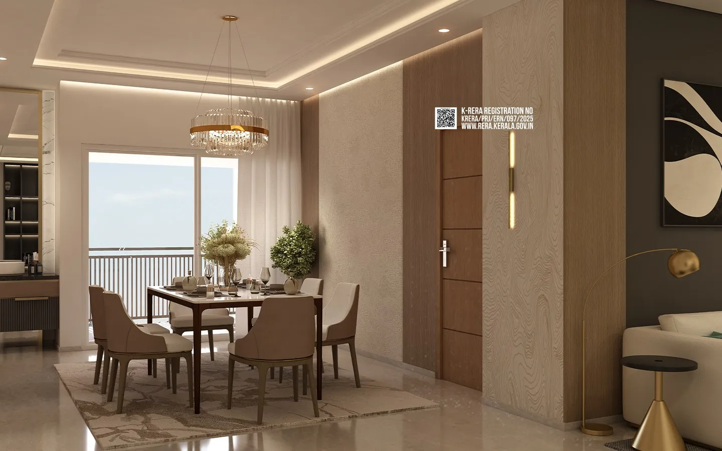 Artist's impression of a Flora dining area with a six-seat table under a chandelier, beside a sliding glass door