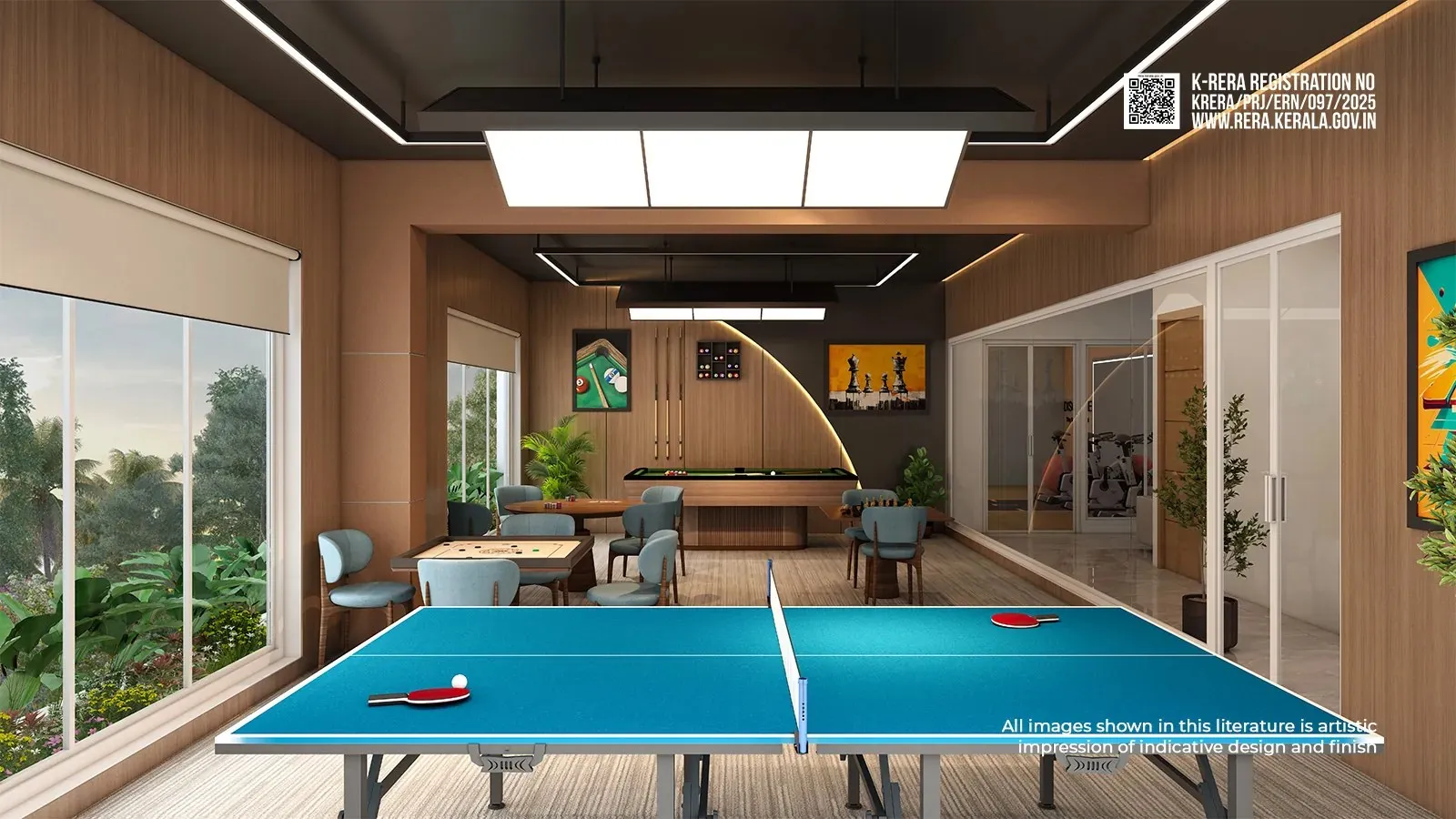 Artist's impression of the Flora indoor games room with a table tennis table and garden views