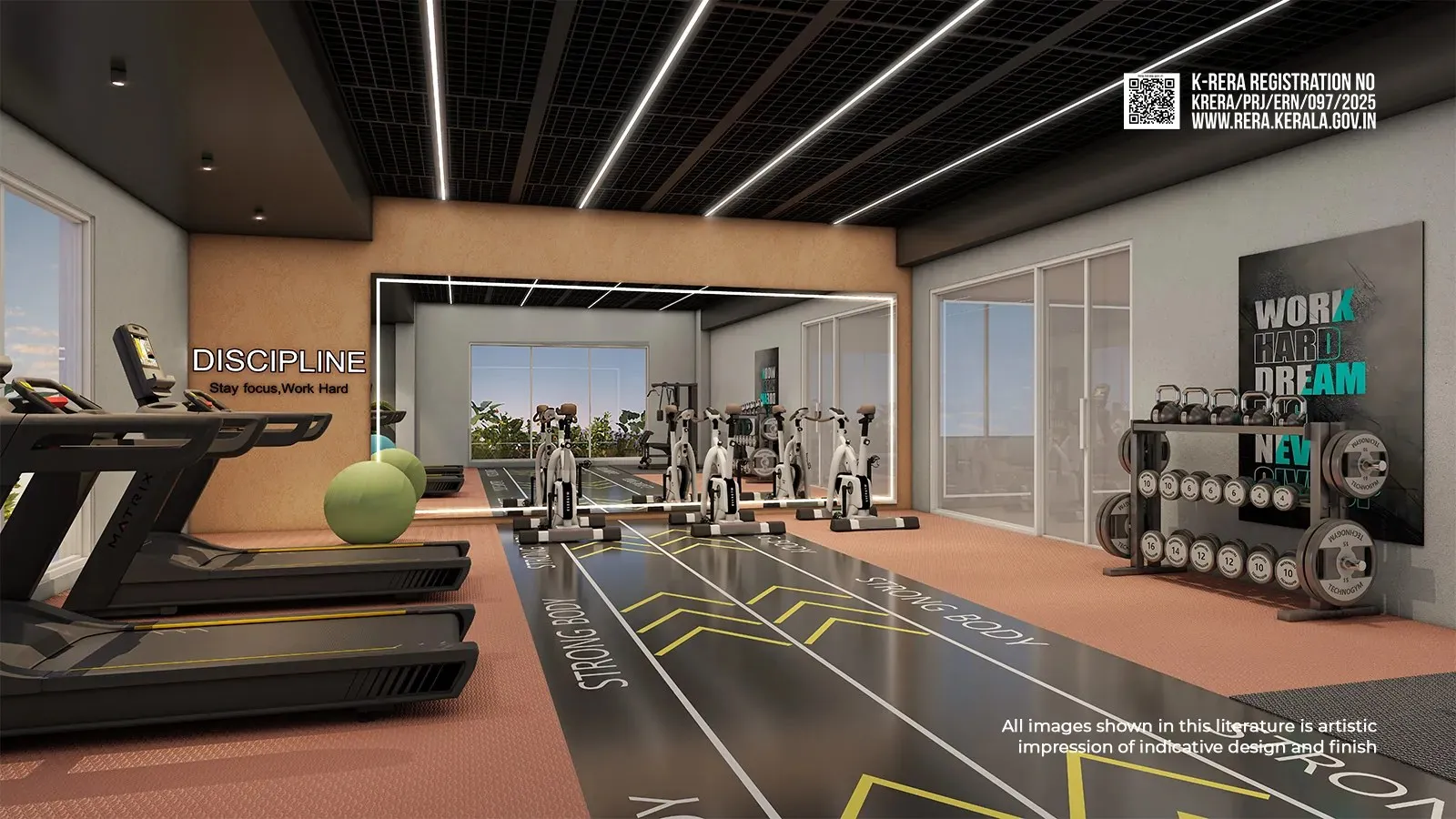 Artist's impression of the Flora gym with treadmills, weights and a running-track floor