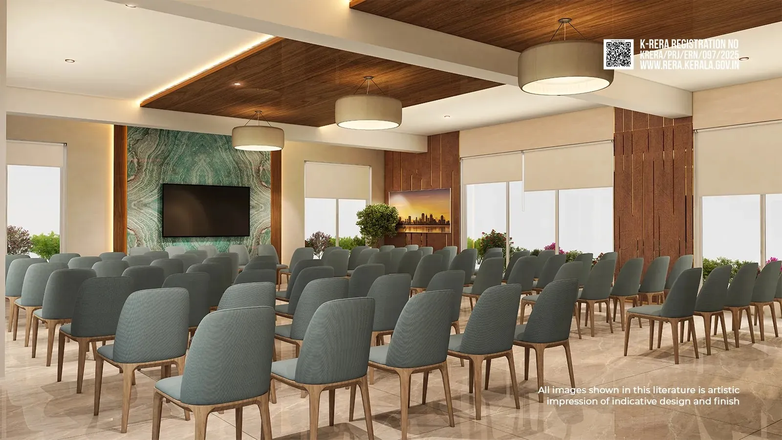 Artist's impression of the Flora association hall set with rows of chairs facing a screen