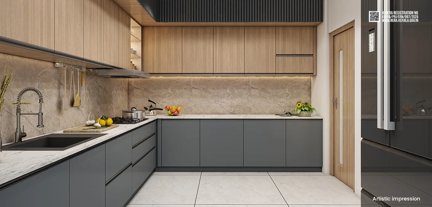 Artist's impression of a Flora kitchen with grey lower cabinets, wood upper cabinets and a stone counter