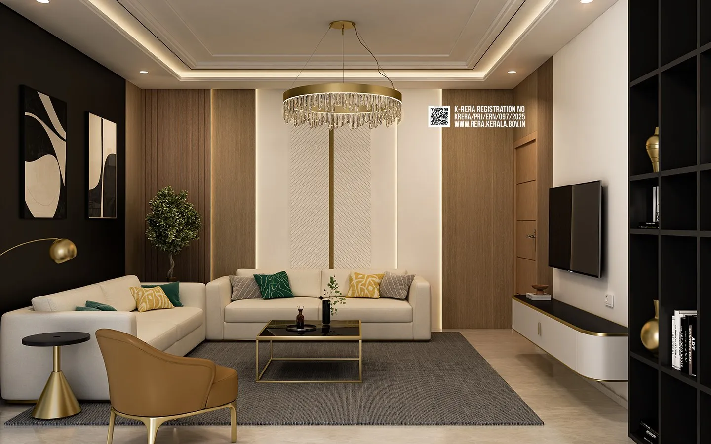 Artist's impression of a Flora living room with full-height glass doors to the balcony