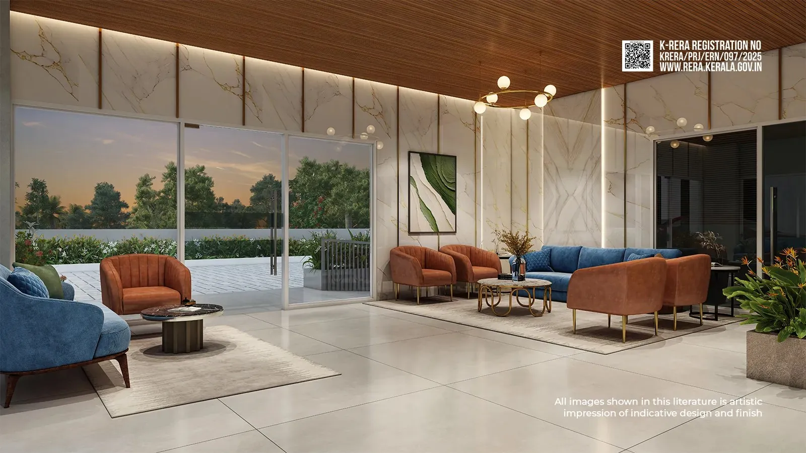 Artist's impression of the Flora entrance lobby with armchairs and a glass wall to the garden