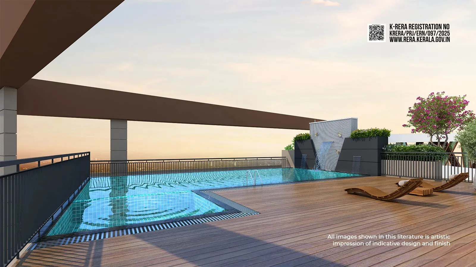 Artist's impression of the Flora terrace pool with a timber deck and loungers at dusk