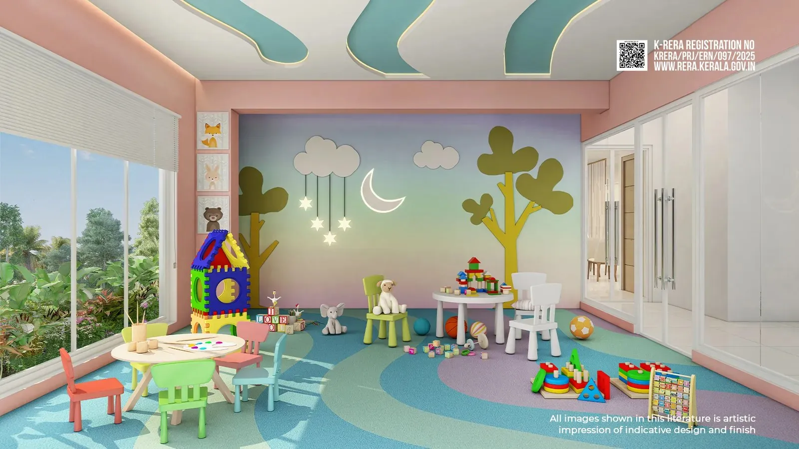 Artist's impression of the Flora toddler room with soft play and a painted mural