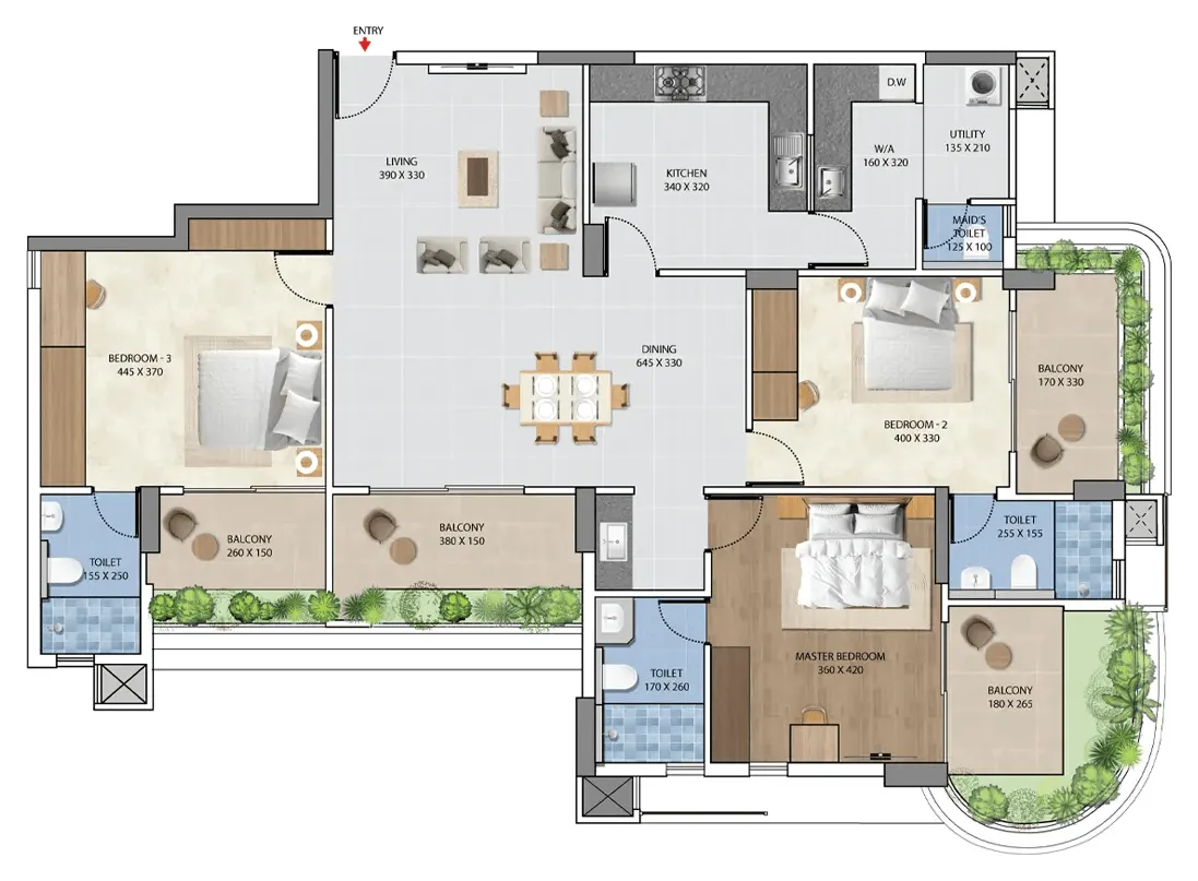 Floor plan of the Flora 3 BHK, Type A