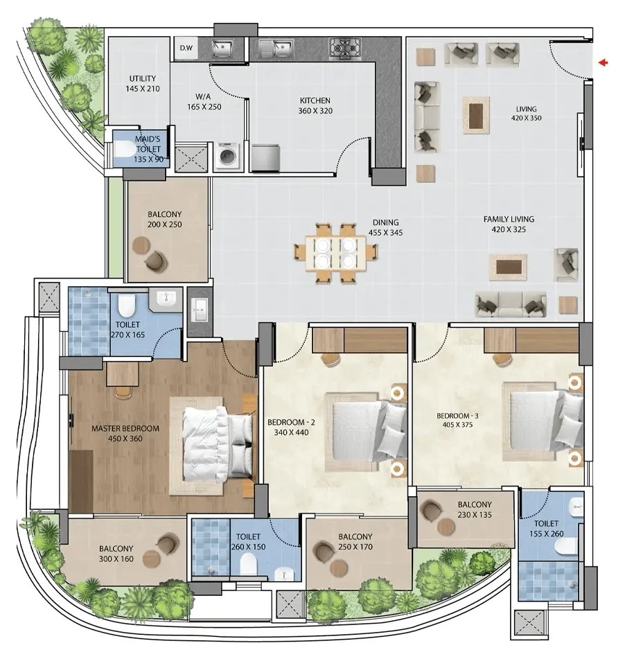 Floor plan of the Flora 3 BHK, Type B