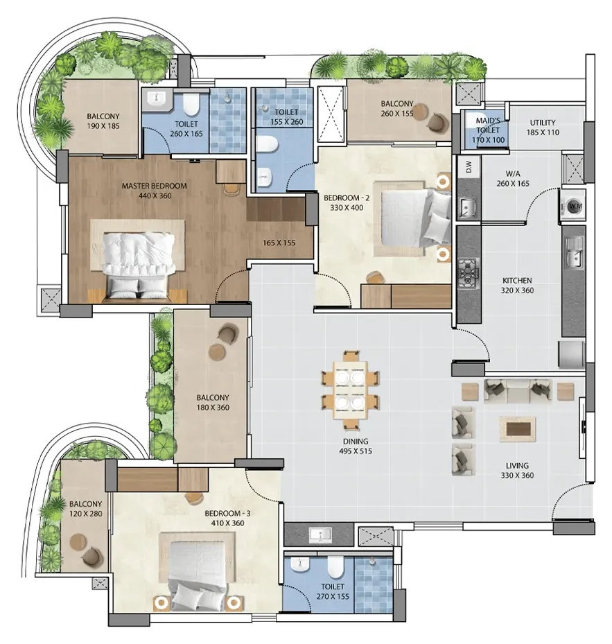 Floor plan of the Flora 3 BHK, Type C